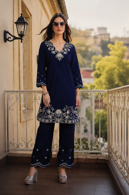 Navy Blue Embroidered Co-Ord Set