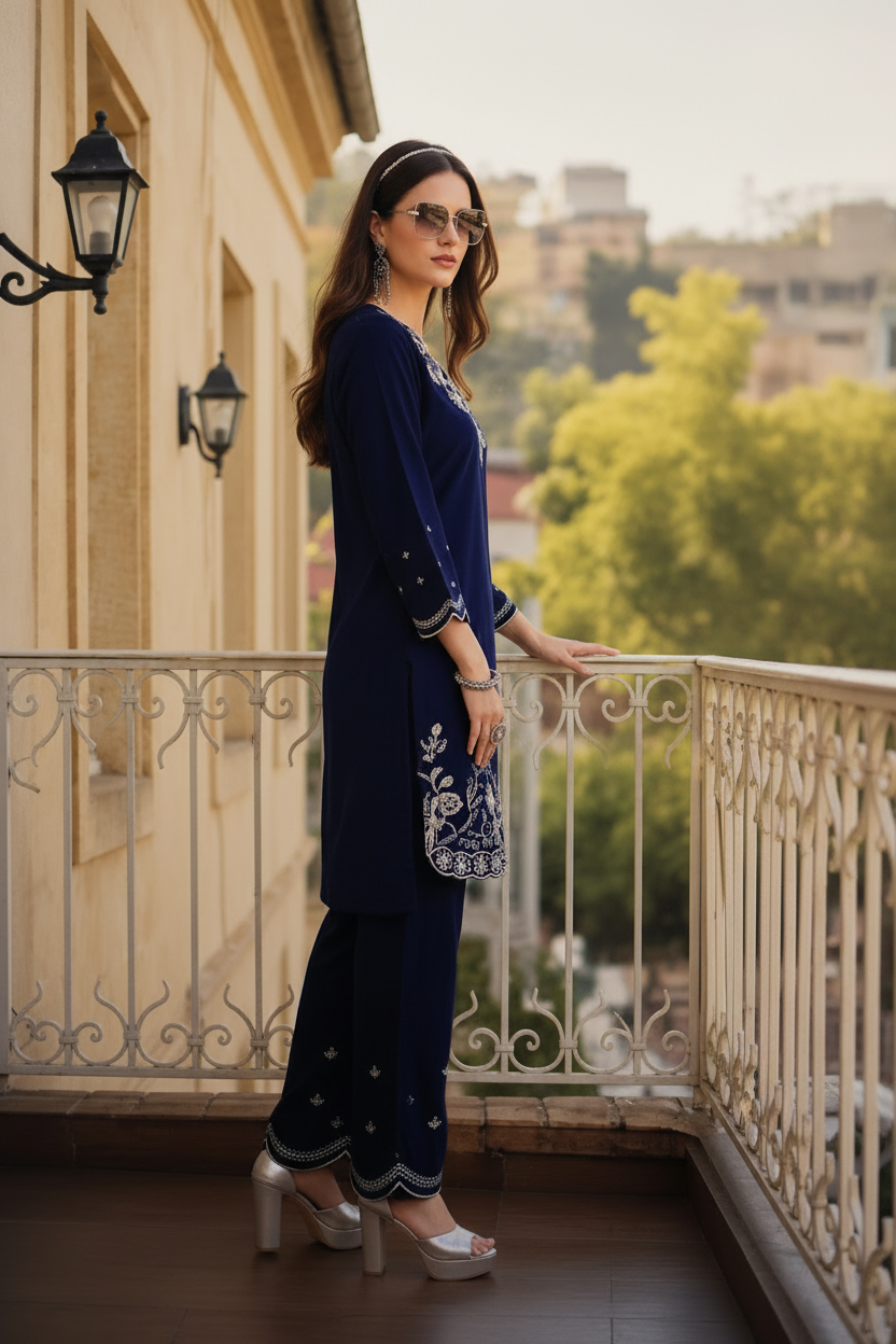 Navy Blue Embroidered Co-Ord Set