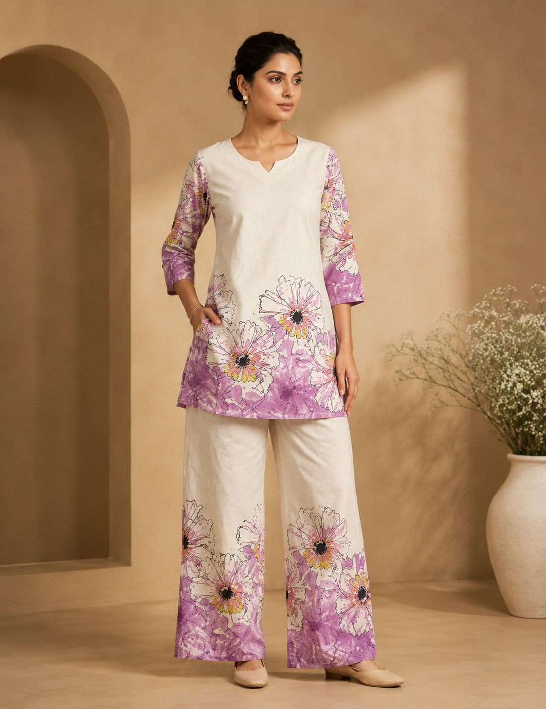White & Lavender Floral Printed Co-Ord Set