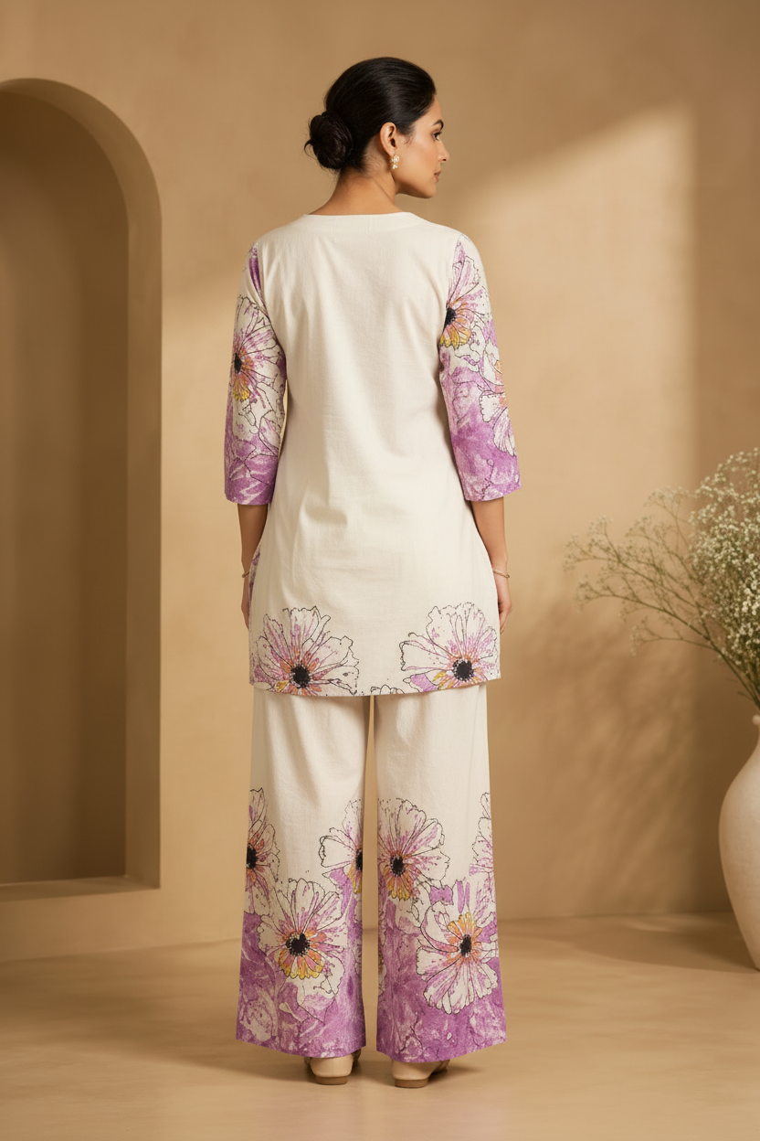White & Lavender Floral Printed Co-Ord Set