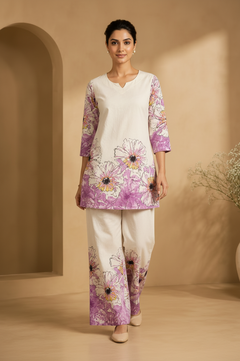 White & Lavender Floral Printed Co-Ord Set
