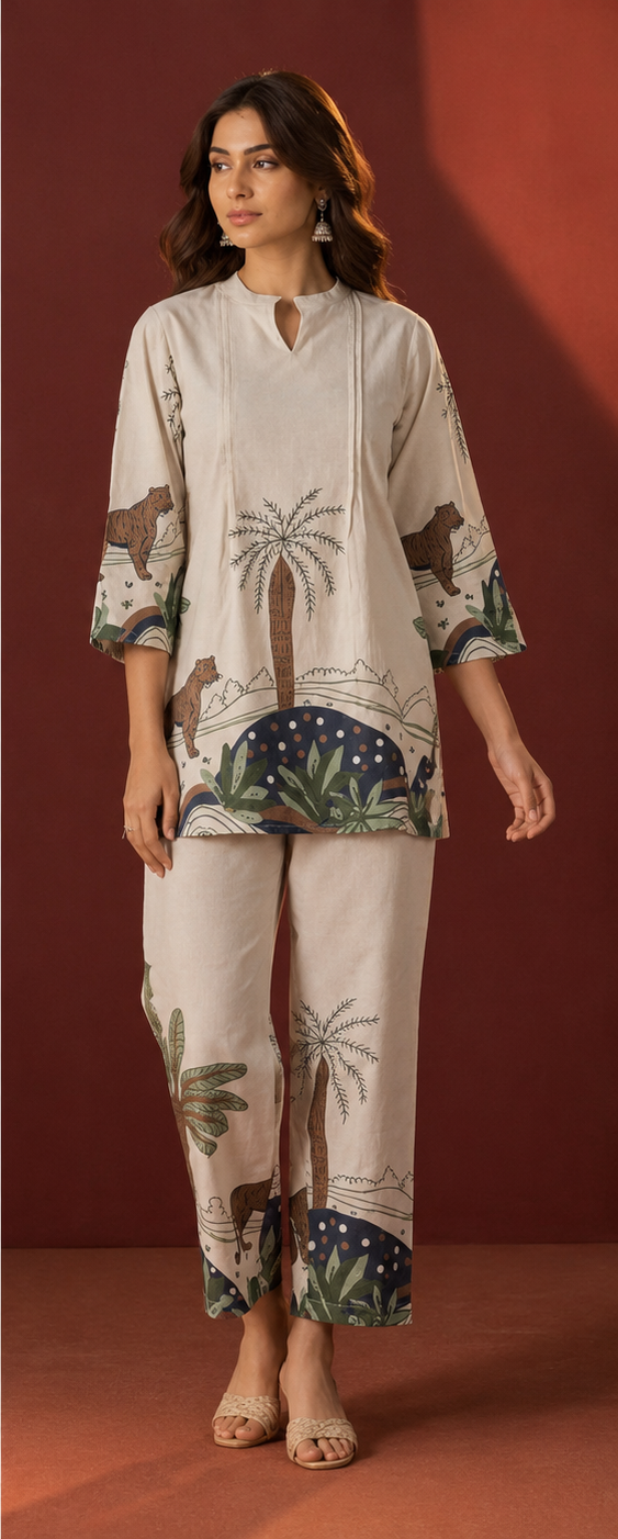 Women's Beige Floral Printed Cotton Co-Ord Set | Elegant Summer Casual Wear
