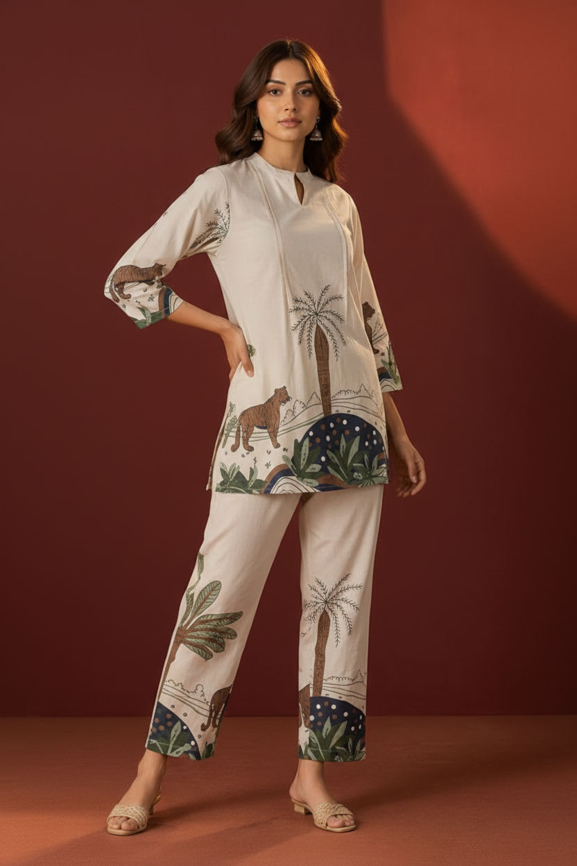 Women's Beige Floral Printed Cotton Co-Ord Set | Elegant Summer Casual Wear