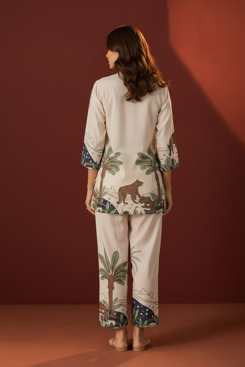 Women's Beige Floral Printed Cotton Co-Ord Set | Elegant Summer Casual Wear
