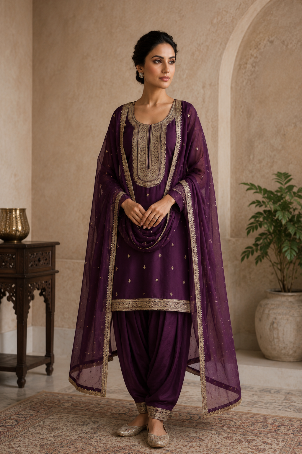 Purple Embroidered Ethnic Suit Set with Dupatta