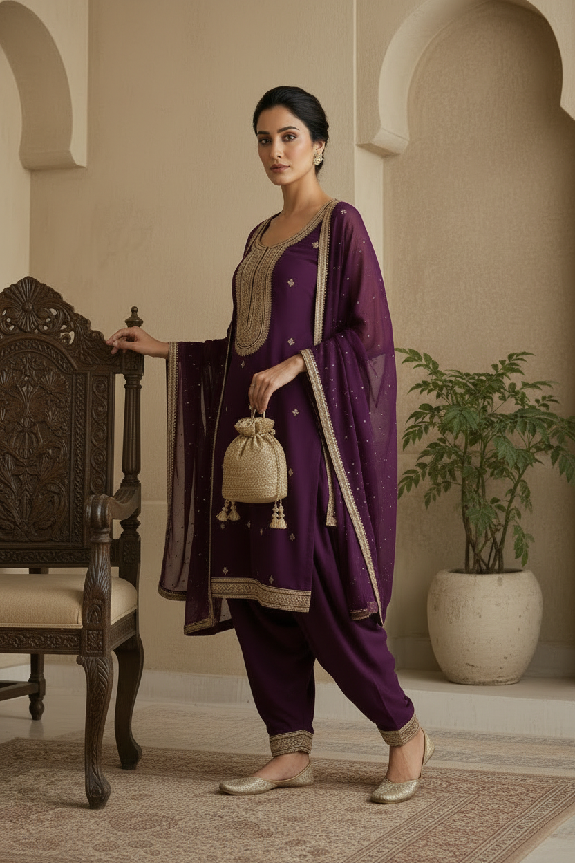 Purple Embroidered Ethnic Suit Set with Dupatta