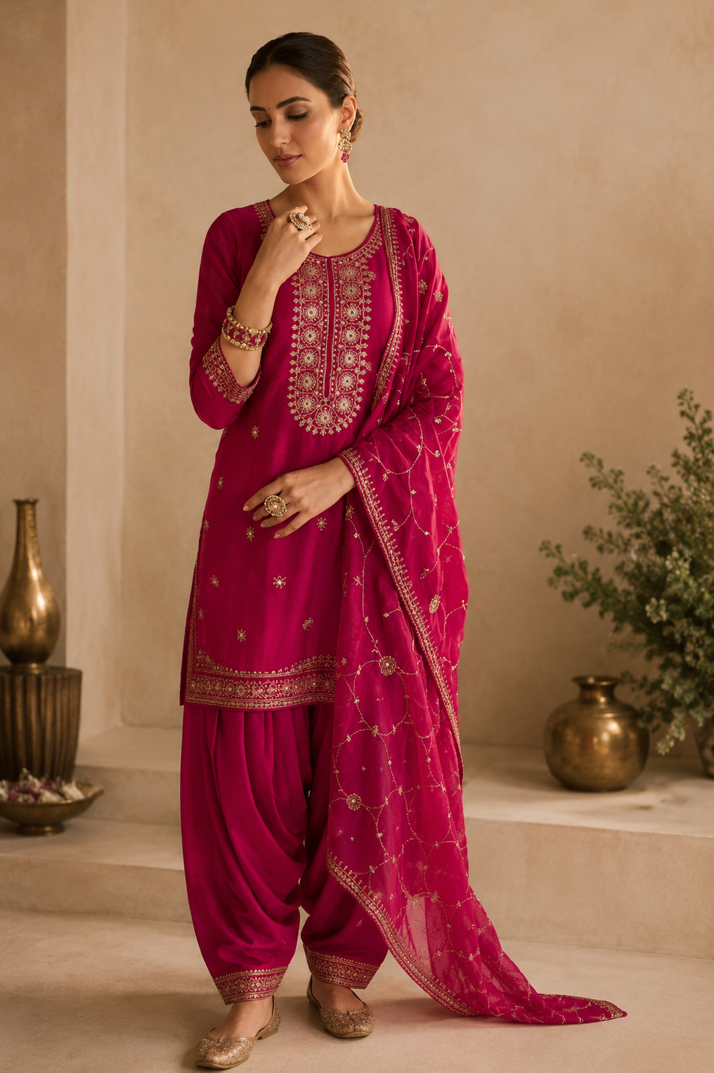 Magenta Embroidered Ethnic Suit Set with Dupatta