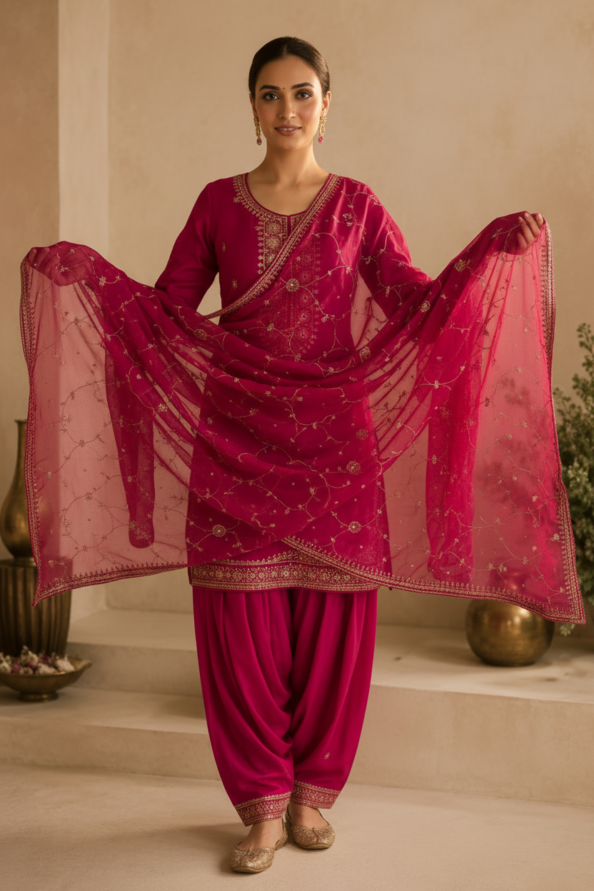 Magenta Embroidered Ethnic Suit Set with Dupatta