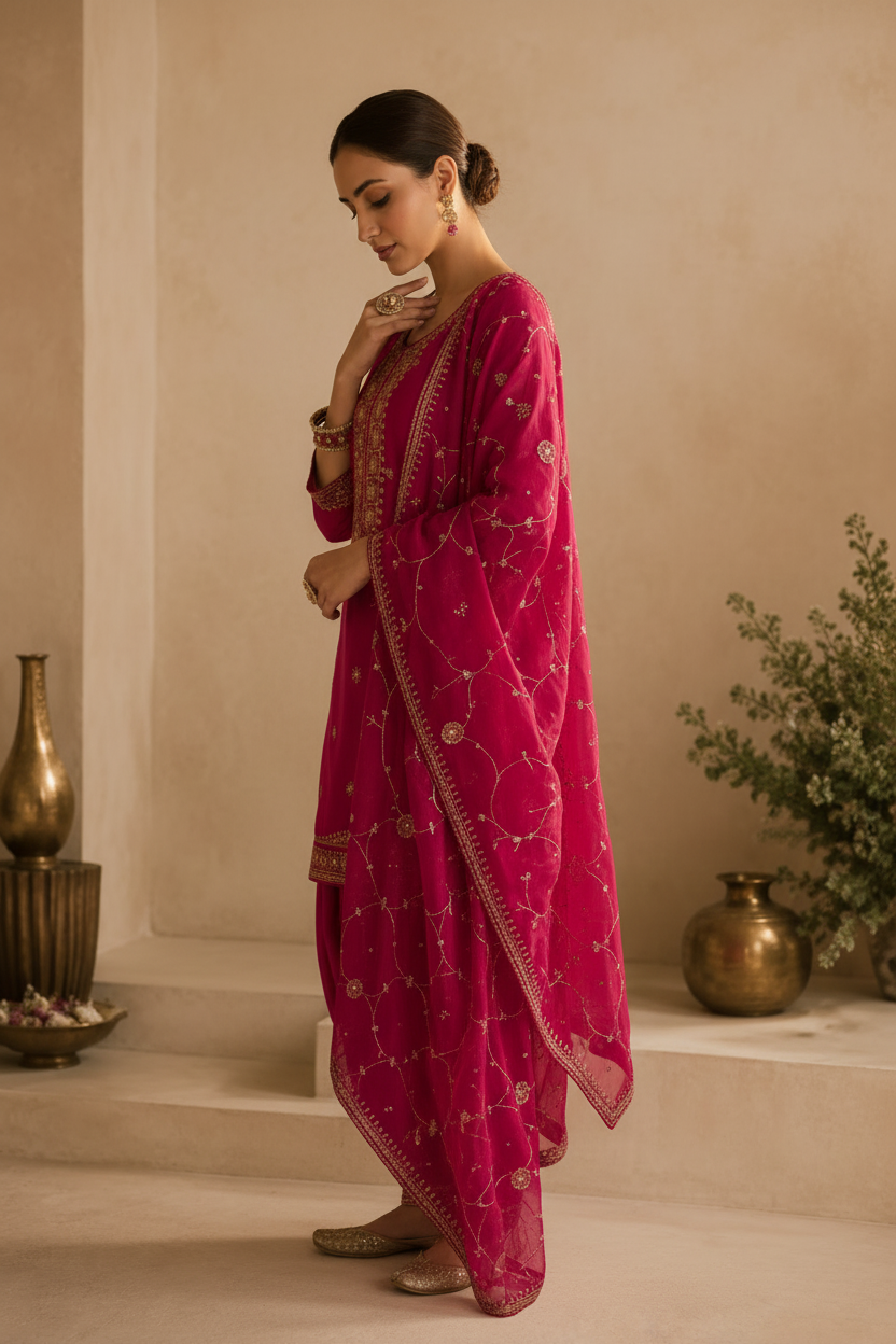 Magenta Embroidered Ethnic Suit Set with Dupatta