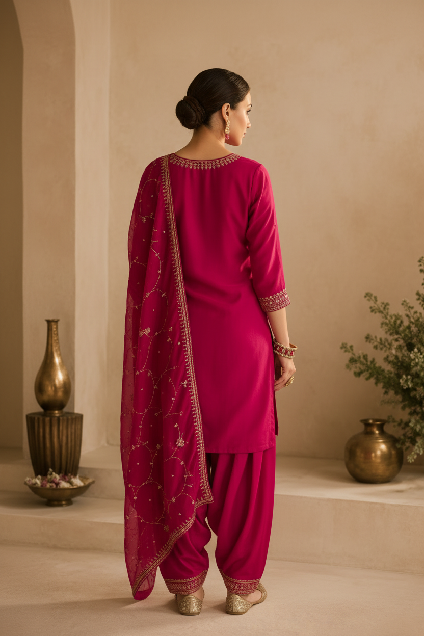 Magenta Embroidered Ethnic Suit Set with Dupatta