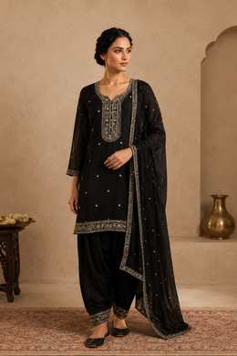 Black Embroidered Ethnic Suit Set with Dupatta