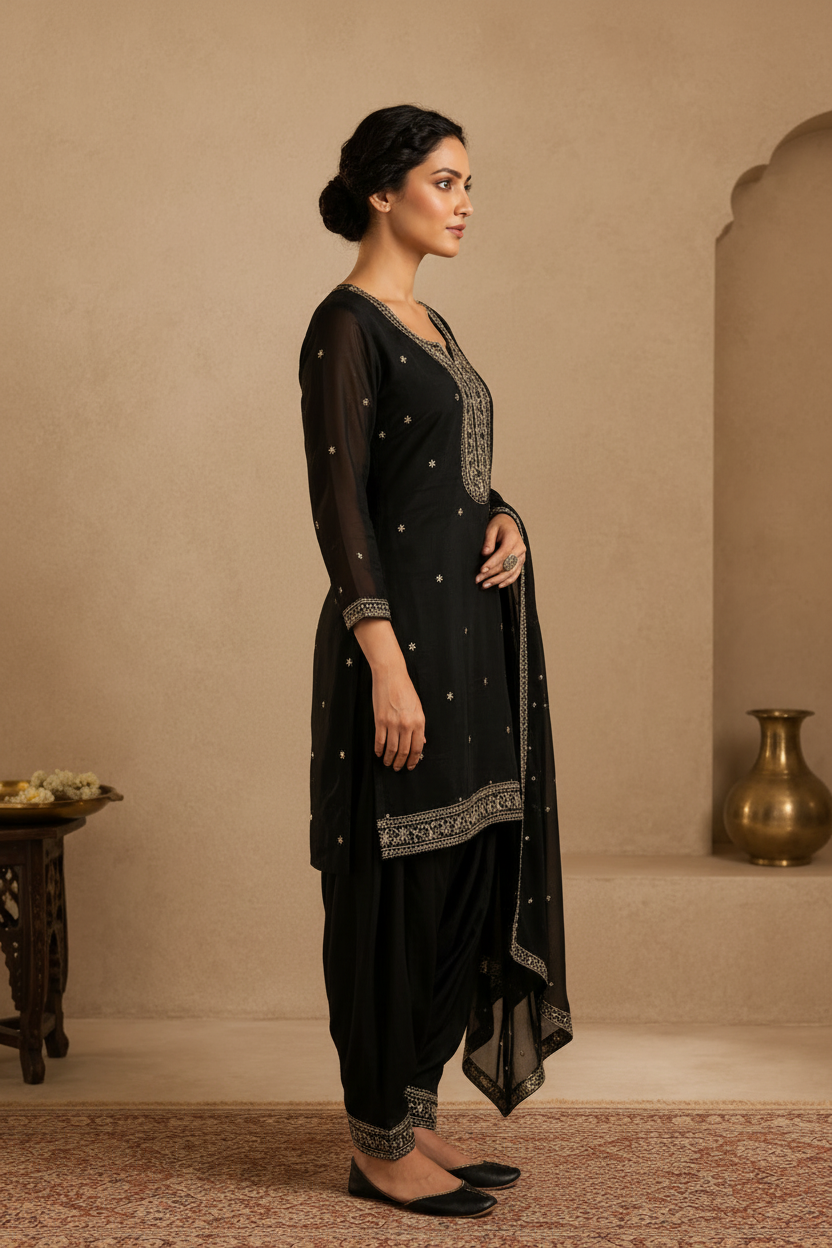 Black Embroidered Ethnic Suit Set with Dupatta