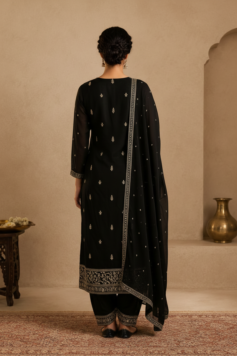 Black Embroidered Ethnic Suit Set with Dupatta