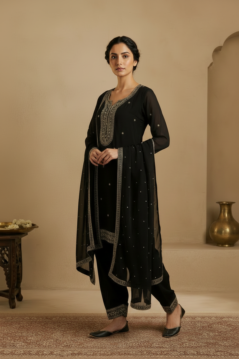 Black Embroidered Ethnic Suit Set with Dupatta