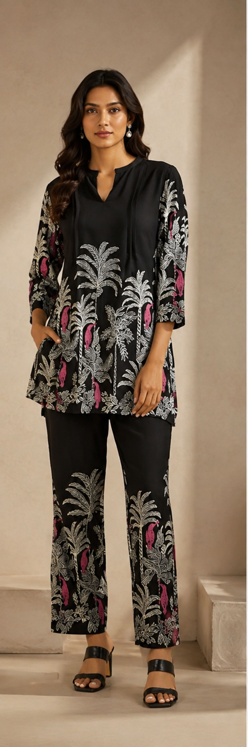 Black Floral Printed Rayon Co-Ord Set