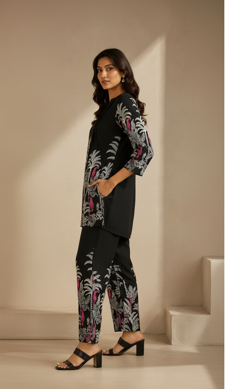 Black Floral Printed Rayon Co-Ord Set