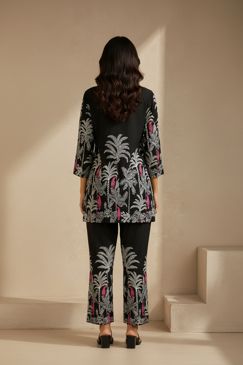Black Floral Printed Rayon Co-Ord Set
