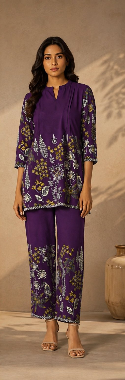 Purple Floral Printed Rayon Co-Ord Set