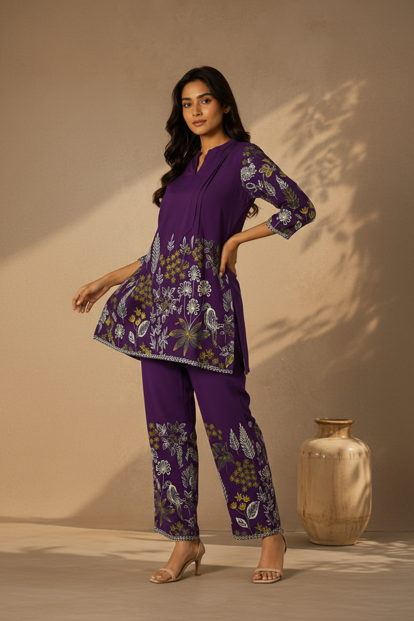 Purple Floral Printed Rayon Co-Ord Set