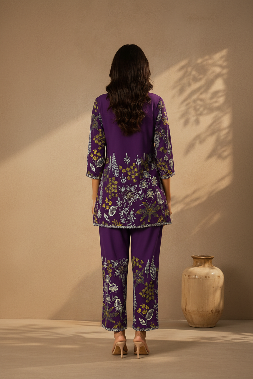 Purple Floral Printed Rayon Co-Ord Set
