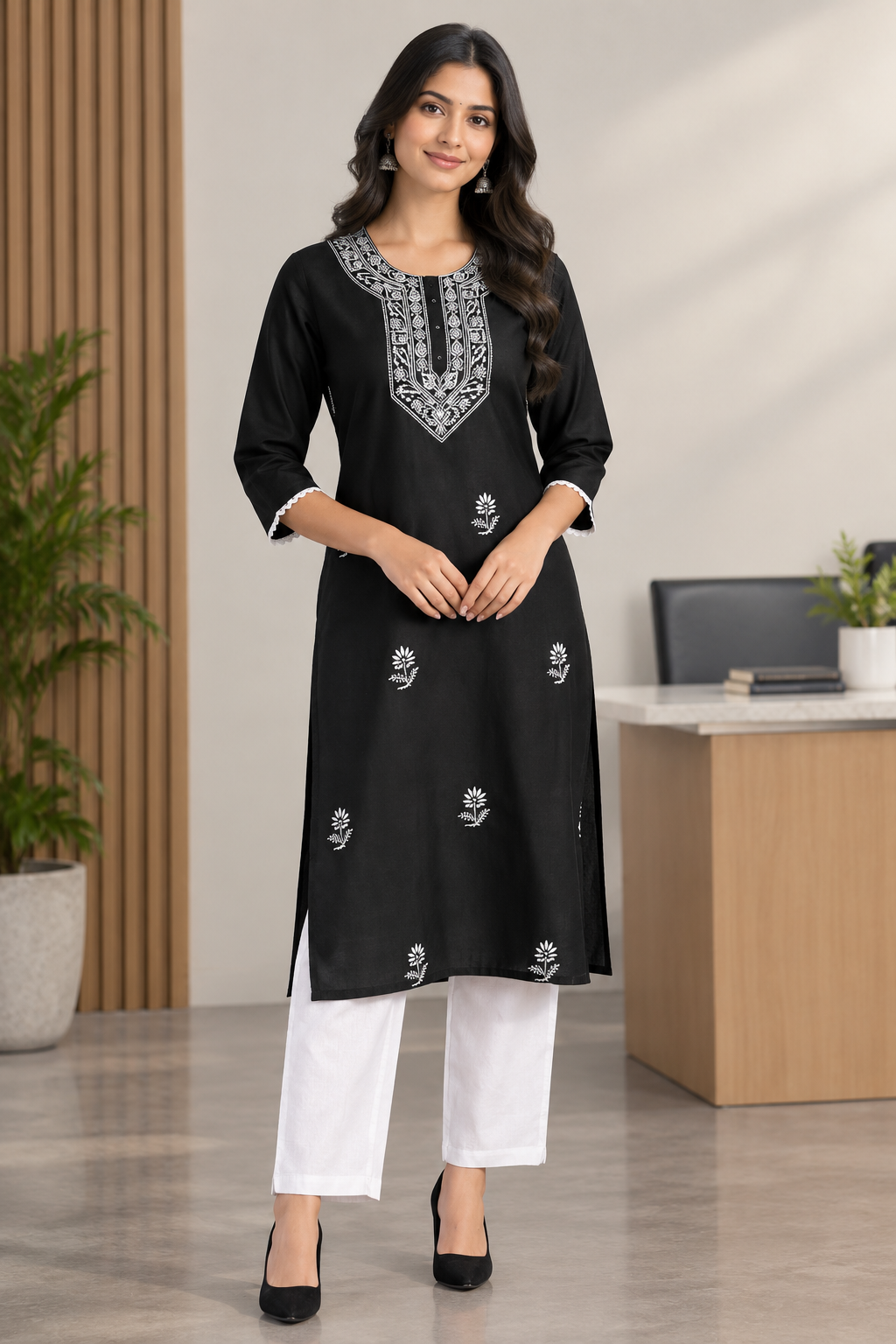Women's Cotton Blend Chikankari Black Kurta