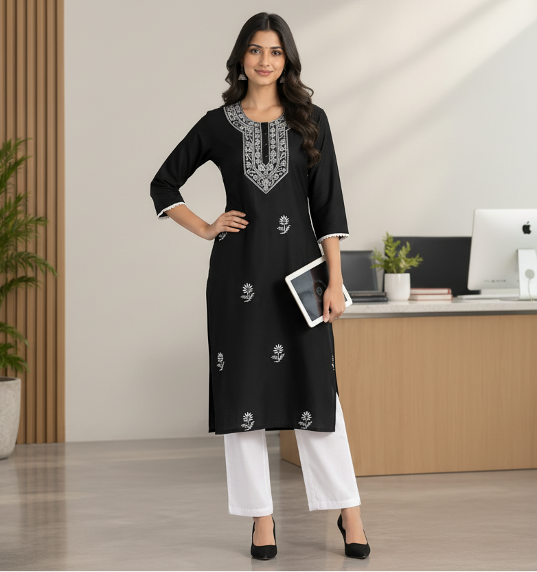 Women's Cotton Blend Chikankari Black Kurta
