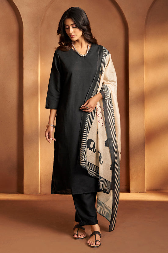 Women Black Cotton Calf-Length Kurta with Pant & Cream Chanderi Printed Dupatta