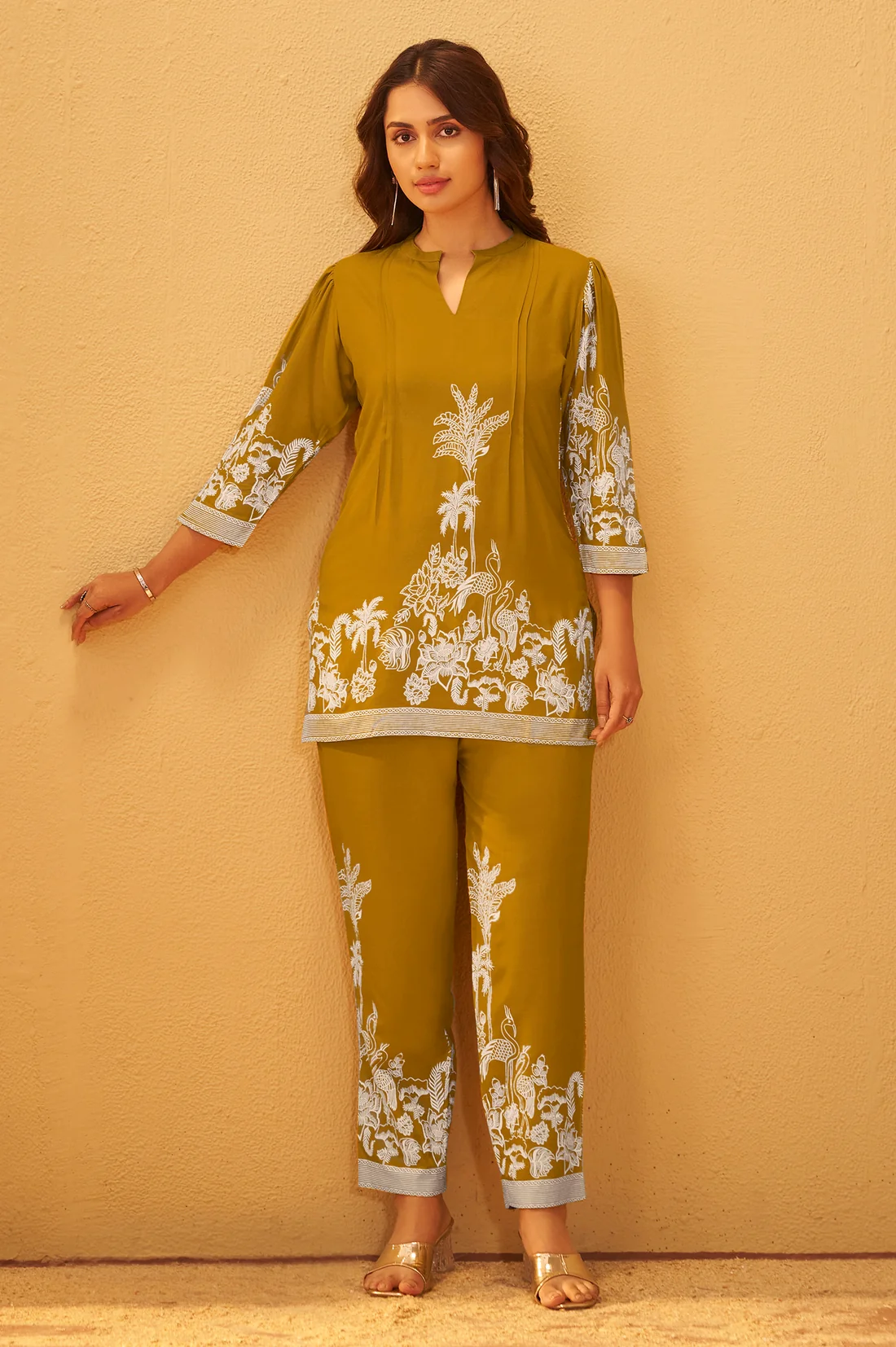 Rayon Mustard Floral Printed Co-Ord Set For Women
