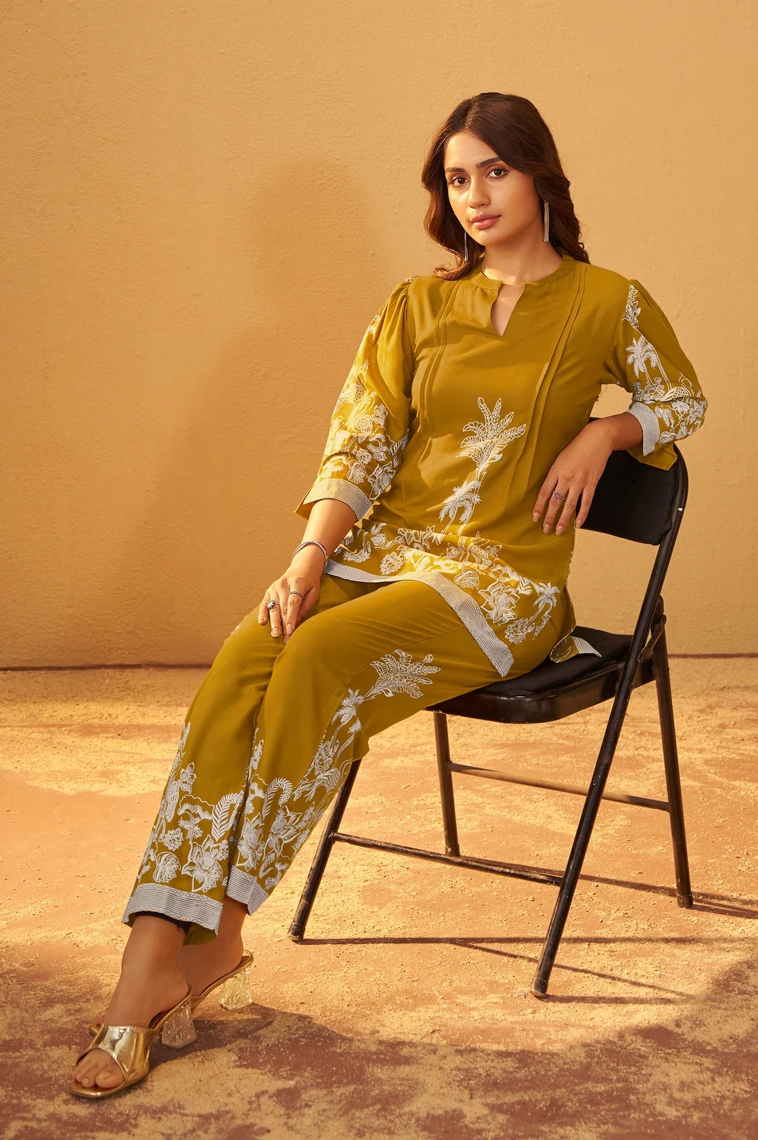 Rayon Mustard Floral Printed Co-Ord Set For Women